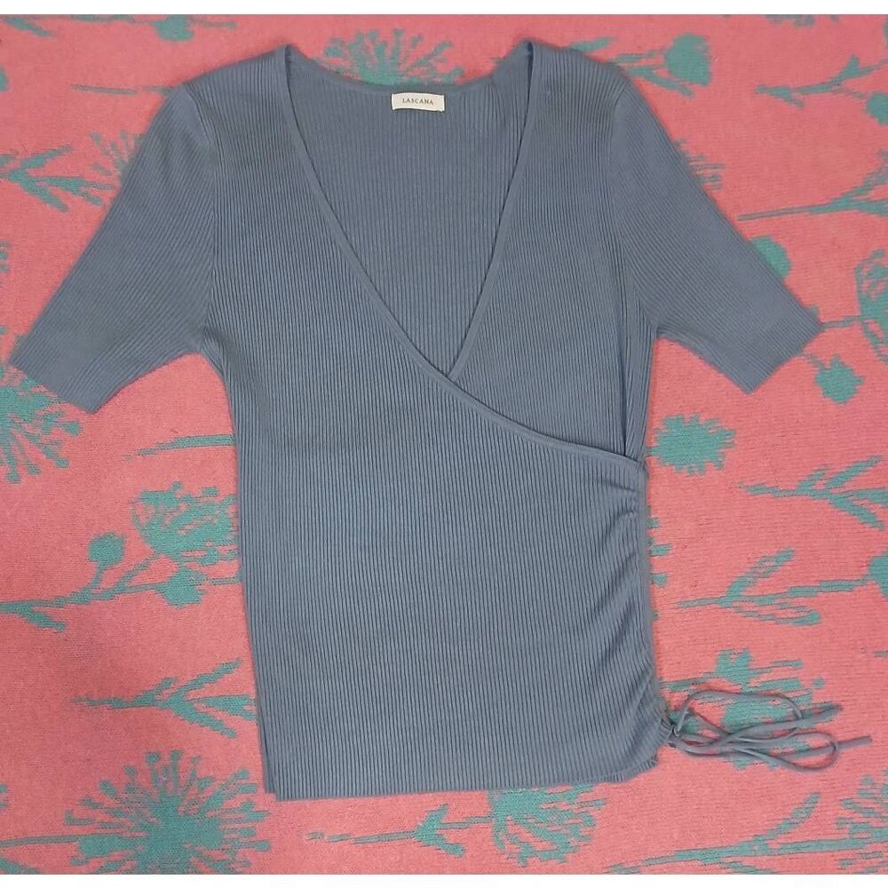 Lascana womens medium faux wrap ribbed knit top blue viscose stretch side tie